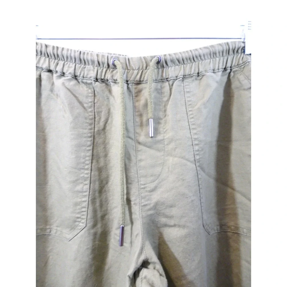 Quince Olive Green Linen Blend Drawstring Elastic Waist Patch Pocket Pants L